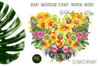 Heart watercolor clipart Tropical orchid. Valentines Day