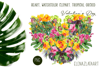 Heart watercolor clipart Tropical orchid. Valentines Day