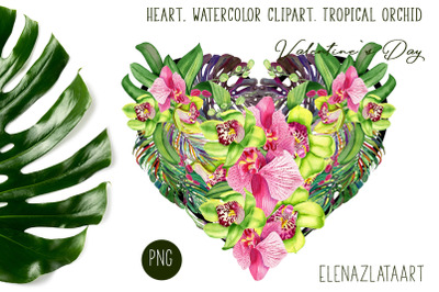 Heart watercolor clipart Tropical orchid. Valentines Day