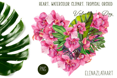 Heart watercolor clipart Tropical orchid. Valentines Day