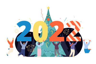 People 2022 concept. Greeting card, business team with new year number