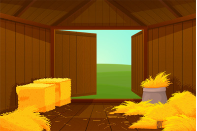 Inside barn house. Cartoon farm wooden, hay or straw inside. Door open