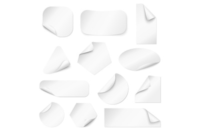 Curled corners stickers. Paper curved edge, store goods white tags. Cu