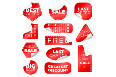 Red curled sale stickers. Discount labels with curl edge&2C; low pricing