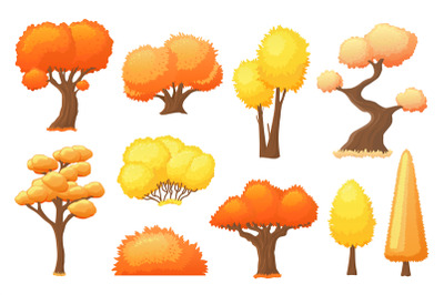 Cartoon autumn yellow trees. Bright tree, forest fall landscape elemen