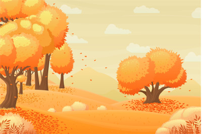 Autumn forest landscape. Fall season, garden panorama with yellow tree