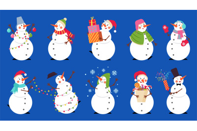 Cartoon snowman. Snowmen with xmas gift, winter holiday happy snow cha