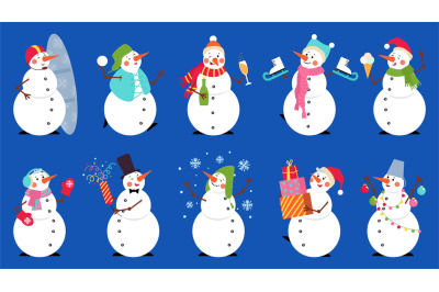 Funny snowmen. Elegant happy snowman, christmas characters wear scarf