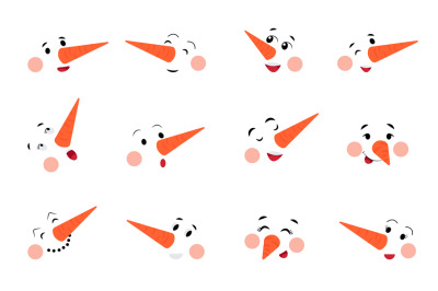 Snowman face. Snowmen smiling faces, winter holiday carrot nose. Cute