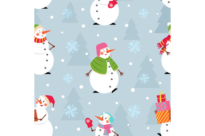 Christmas snowman pattern. Holiday snowmen, x-mas tree and cute winter