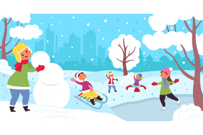 Cartoon winter kids. Child illustration, kid snowy christmas vacations