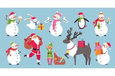 Flat cartoon christmas characters. Merry holiday, cute penguin, santa