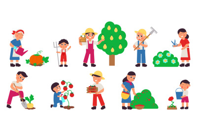 People gardening. Cartoon farmers, children adults plant organic veget