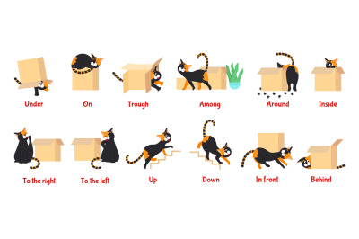 English preposition. Kid vocabulary game&2C; prepositions with comic cat.