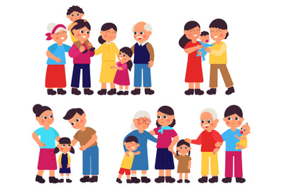 Cute families groups. Cartoon family, isolated mother, father and chil