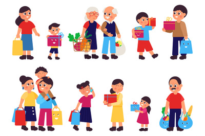 Families on shopping. Cute shop people, store customers with box and b