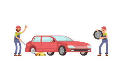 Auto service. Mechanics change wheels on car. Seasonal vehicle inspect