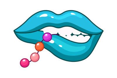 Blue lips with beads. Sexy female mouth, colorful accessorise. Isolate