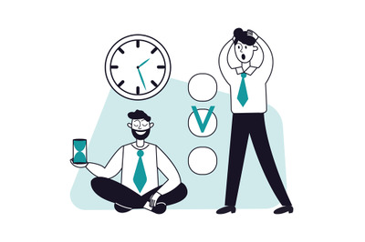 Business time management concept. Man save calm, worker nervous about