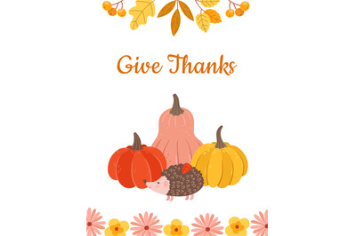 Cute hedgehog with pumpkins. Thanksgiving day postcard. Autumn harvest