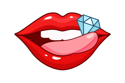 Diamond on tongue. Sexy red lips, female fashion patch. Fashionable ki