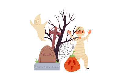 Halloween cartoon scene. Cute zombie kid, scary ghost and tree silhoue