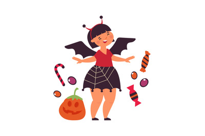 Happy girl wear Halloween dress. Cute little bat costume, scary face p