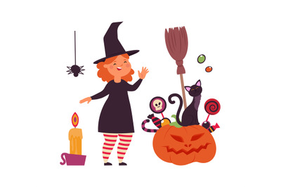 Magic witch character. Little girl with black cat and smiling pumpkin