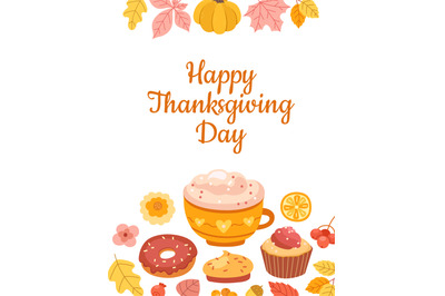 Thanksgiving day card template. Colorful autumn poster with hot drink,