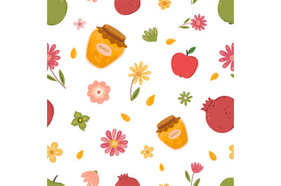 Autumn harvest seamless pattern. Honey, apple and pomegranate. Delicio