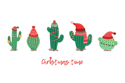 Cactus in winter hat. Christmas decorations, cacti with garlands. Xmas