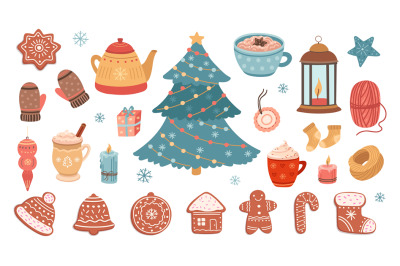 Christmas bundle. Gingerbreads, xmas tree and cozy things. Scandinavia