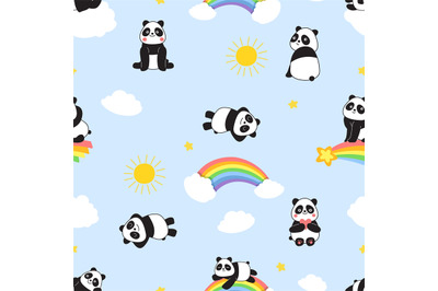 Cute panda print. Childish seamless pattern with cartoon pandas, rainb