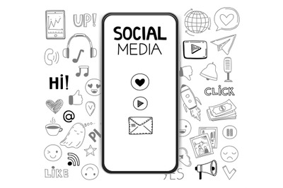 Doodle social media icons&2C; realistic smartphone mockup. Conversation c