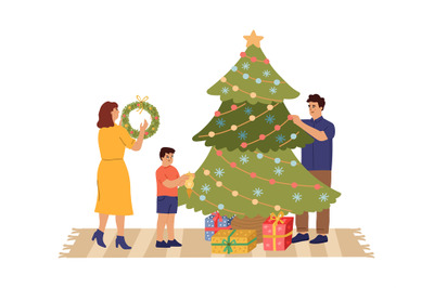 Family prepare Christmas. Child decorate tree, father and mother with