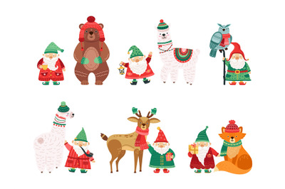 Holiday winter characters. Christmas dwarfs with animals in knit hats