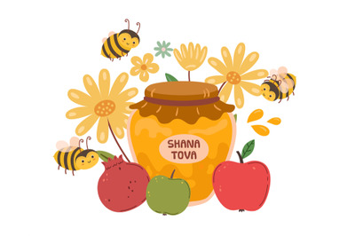 Jewish New Year festival, Rosh hashanah. Happy shana tova, flying bee.