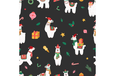 Llama print. Cute cartoon alpaca, christmas branches and gifts. Holida