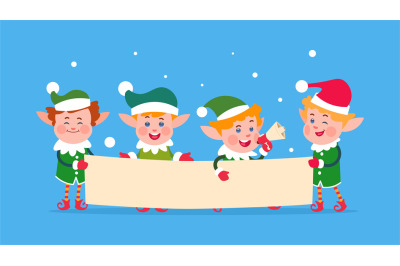 Merry Christmas message. Santa elf holding banner&2C; cute cartoon elves.