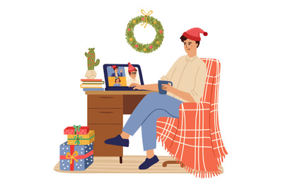 Online christmas party. Xmas holiday work time, freelance boy celebrat