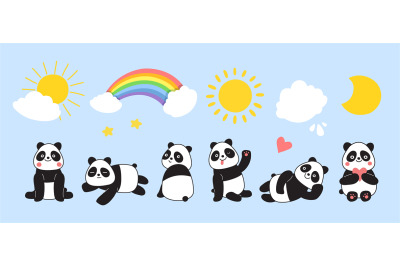 Panda animals. Cartoon pandas&2C; rainbow and sun. White clouds&2C; stars an