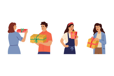 People with gift. Woman man holding boxes, christmas or birthday chara