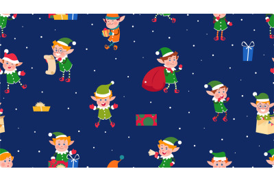 Santa elves print. Christmas elf, cute cartoon holiday kids with gift