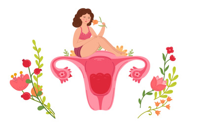 To be a woman. Menstruation period, cartoon female sitting with flower