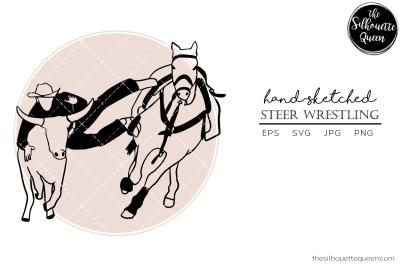 Hand drawn Rodeo Steer Wrestling  Vector Sketch