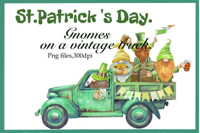 Gnomes Clipart, Patrick&#039;s Day ,vintage green Trucks ,St. Patrick&#039;s Gno