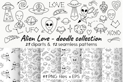 Alien love. Valentine UFO doodle Clipart &amp; Seamless Pattern