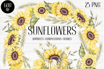 Sunflower bouquets, frames, borders