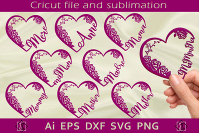 Hearts with the word mom. SVG cutting and sublimation.