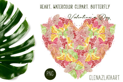 Heart&2C; Butterfly watercolor clipart. Valentines Day